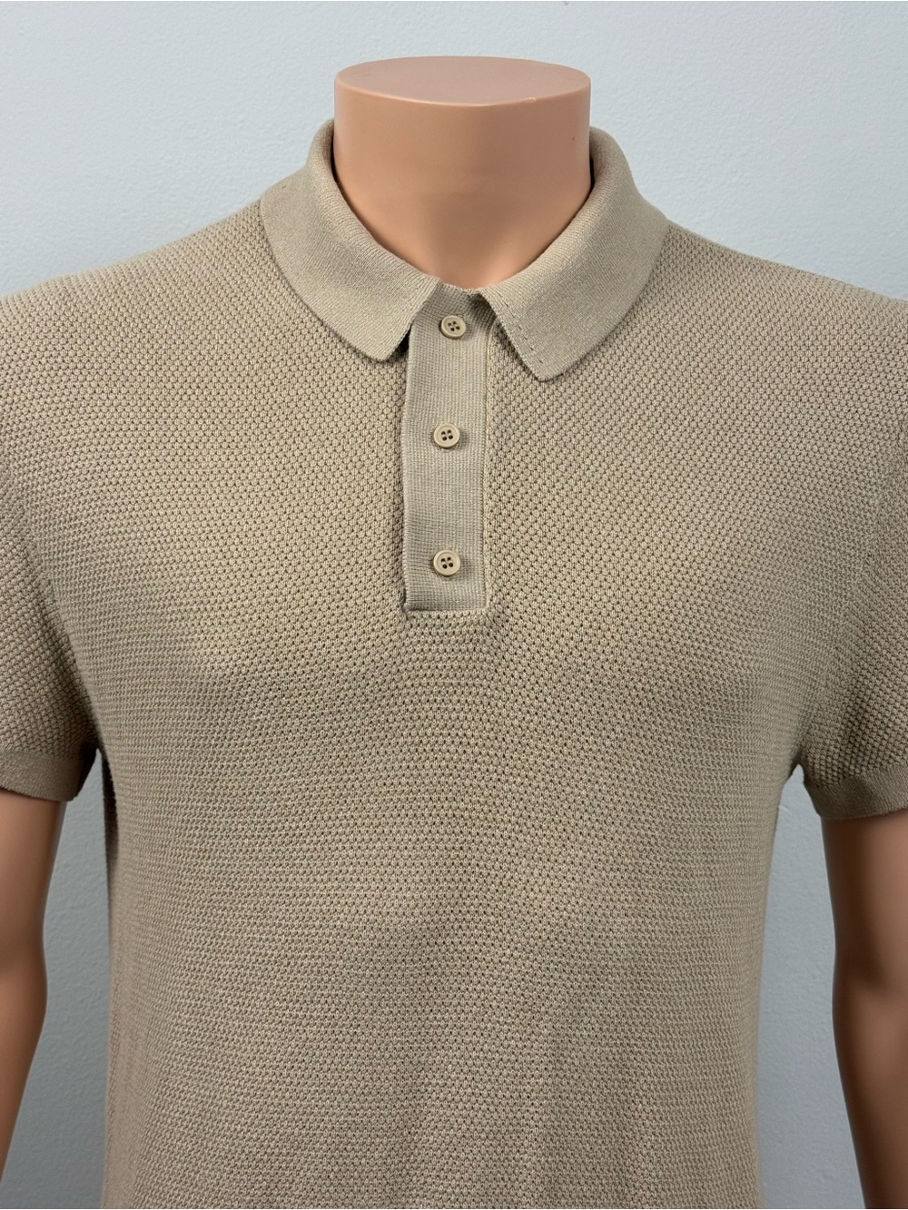 ✨ Onia Men’s Knit Polo Shirt L Beige 100% Cotton Textured Short Sleeve